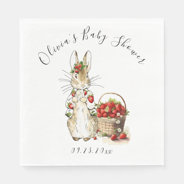Peter Rabbit Watercolor Strawberry Baby Shower Napkin (Front)