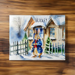 Peter rabbit winter Christmas gifts custom name  Jigsaw Puzzle<br><div class="desc">Peter rabbit winter themed Christmas gift for kids personalized name puzzle,  a cute bunny in a blue jacket in front of snowy winter cottage lovely Christmas gifts for kids</div>