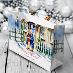 Peter rabbit winter Christmas template Large Gift Bag<br><div class="desc">Peter rabbit in winter personalized template  gift bag,  a cute bunny in a blue jacket in front of snowy winter cottage</div>