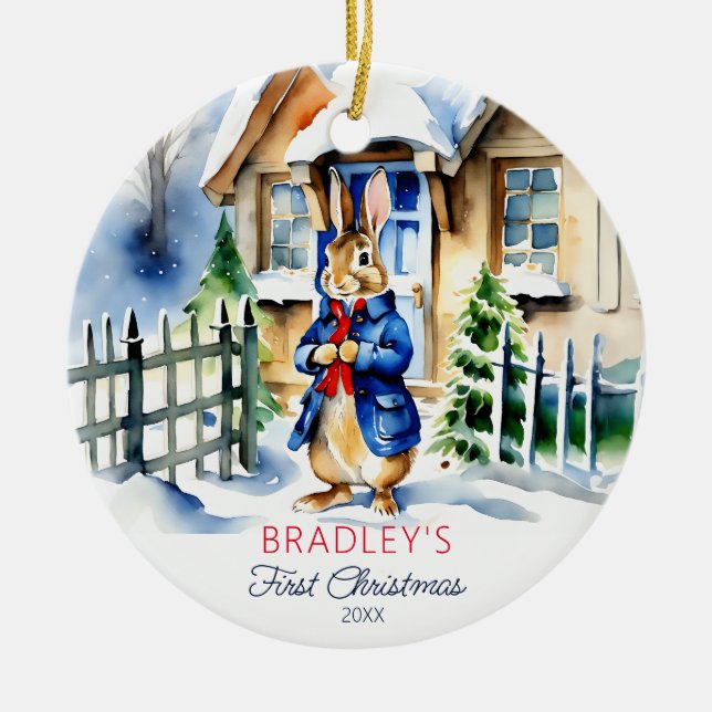 Peter rabbit winter first Christmas gifts photo Ceramic Ornament (Front)