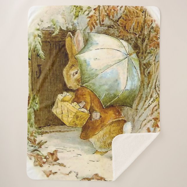 “Peter Rabbit with Winter Umbrella” by Beatrix Pot Sherpa Blanket (Front)