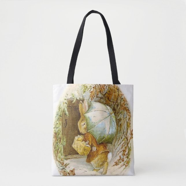 “Peter Rabbit with Winter Umbrella” by Beatrix Pot Tote Bag (Front)