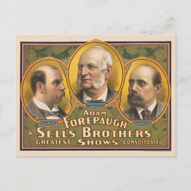Peter Sells, Adam Forepaugh, And Lewis Sells Postcard (Front)