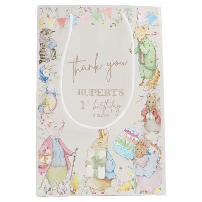 Peter the Rabbit 1st Birthday Beige Neutral Medium Gift Bag (Front)