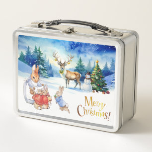 Peter the rabbit and a reindeer Merry Christmas Metal Lunch Box