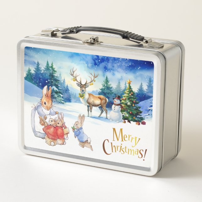 Peter the rabbit and a reindeer Merry Christmas Metal Lunch Box (Front)