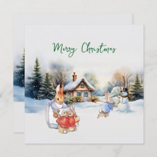 Peter the Rabbit and a Snowman Holiday Card
