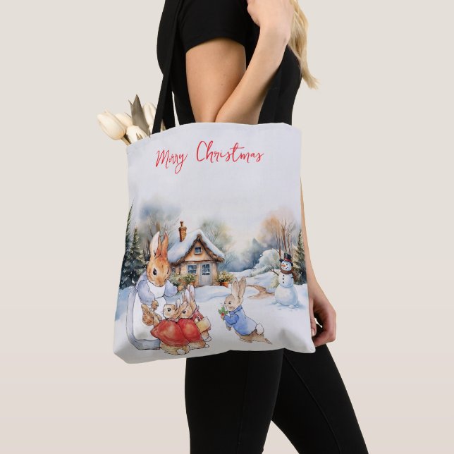Peter the Rabbit and a Snowman Merry Christmas Tote Bag (Close Up)