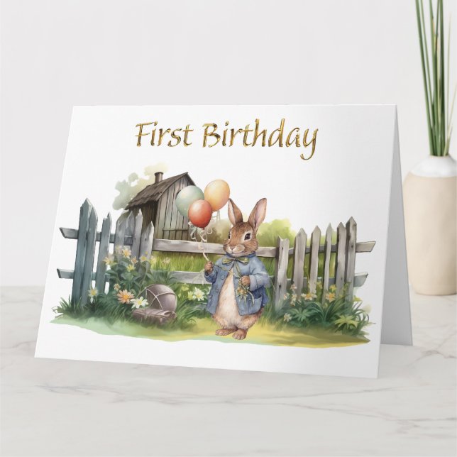 Peter the rabbit balloons First Birthday Card (Front)