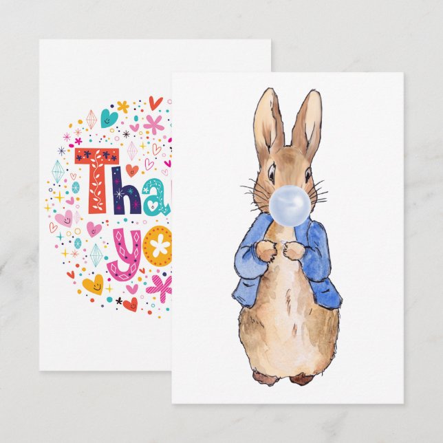 Peter the Rabbit Blowing Blue Bubble gum   Thank You Card (Front/Back)