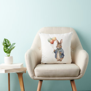 Peter the rabbit blue jacket with balloons throw pillow
