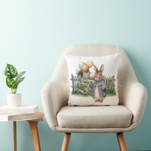 Peter the rabbit blue jacket with balloons throw pillow