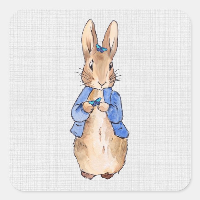 Peter the Rabbit Butterflies Gray Linen Texture Square Sticker (Front)