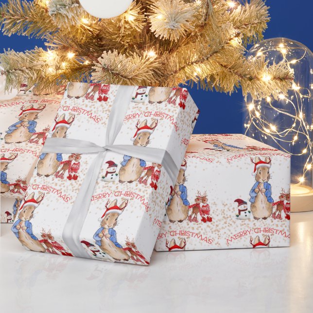 Peter the Rabbit Christmas Hat Reindeer Red White  Wrapping Paper (Holidays)