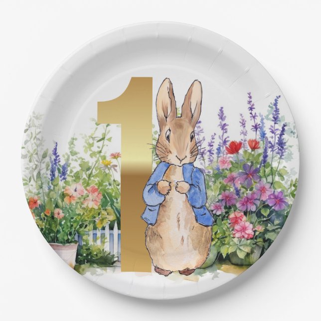 Peter the Rabbit flower garden First Birthday Paper Plate (Front)