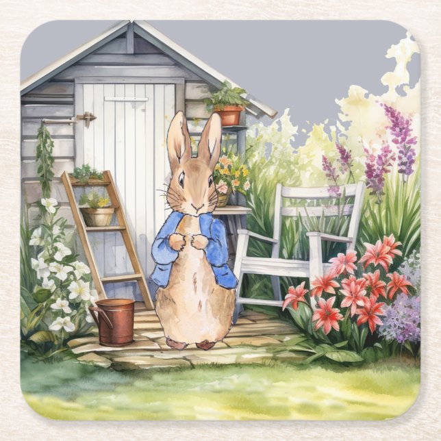 Peter the Rabbit Garden Shed Square Paper Coaster (Front)