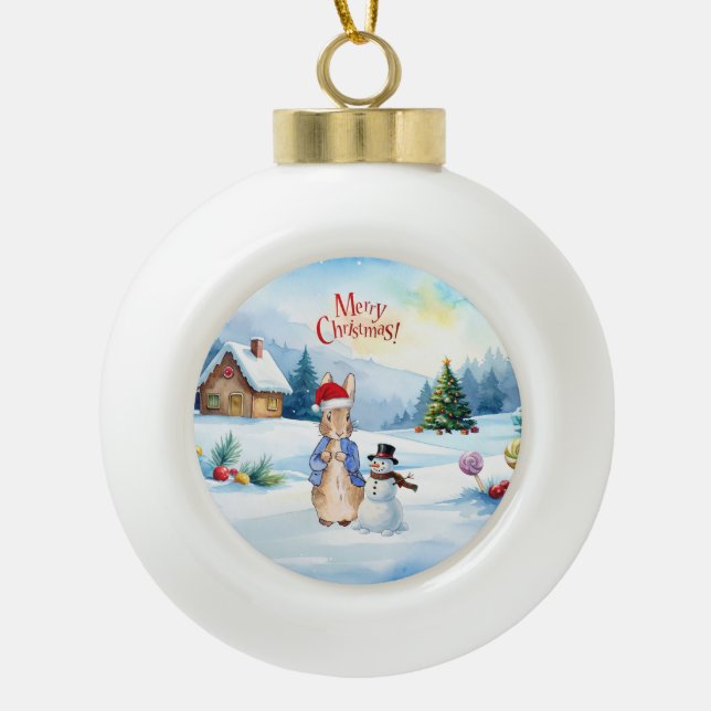 Peter the rabbit Ginger bread house Ceramic Ball Christmas Ornament (Front)