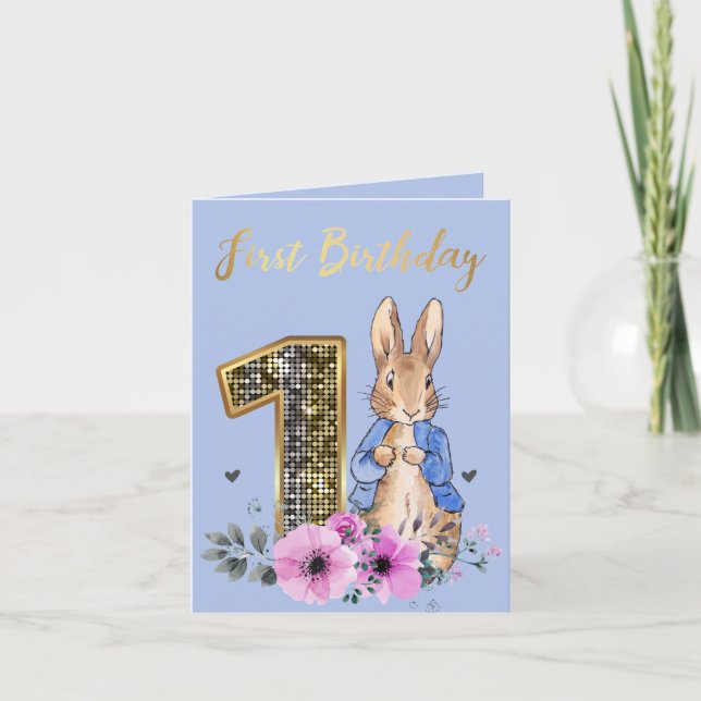 Peter the Rabbit Gold 1st Birthday Invitation (Front)