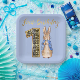 Peter the Rabbit Gold 1st Birthday Paper Plate
