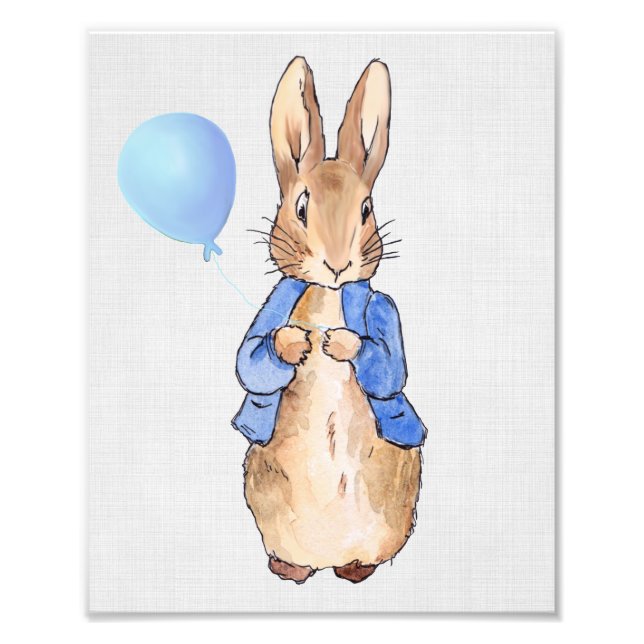 Peter the Rabbit holding blue balloon gray linen Photo Print (Front)