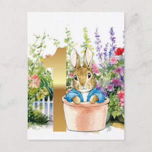 Peter the Rabbit in a pot first birthday Postcard