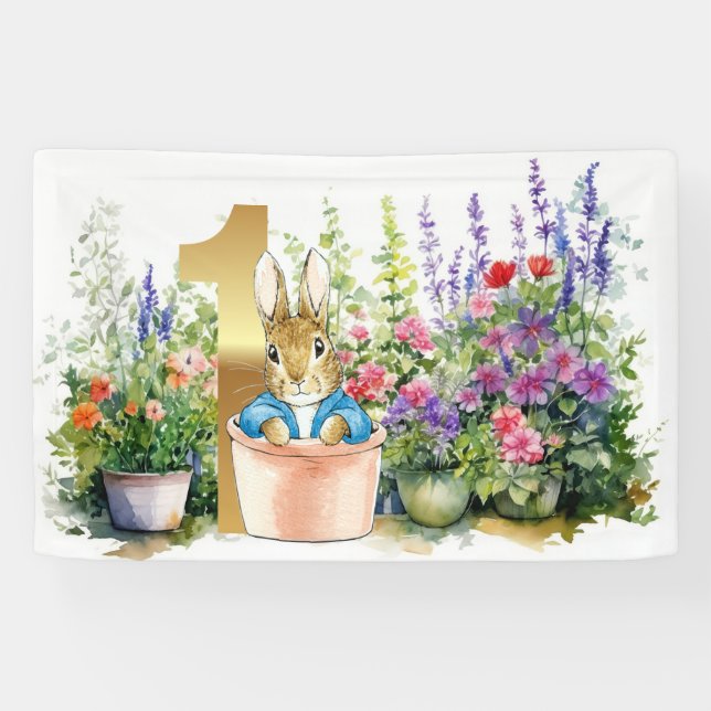 Peter the Rabbit in garden First birthday Banner (Horizontal)