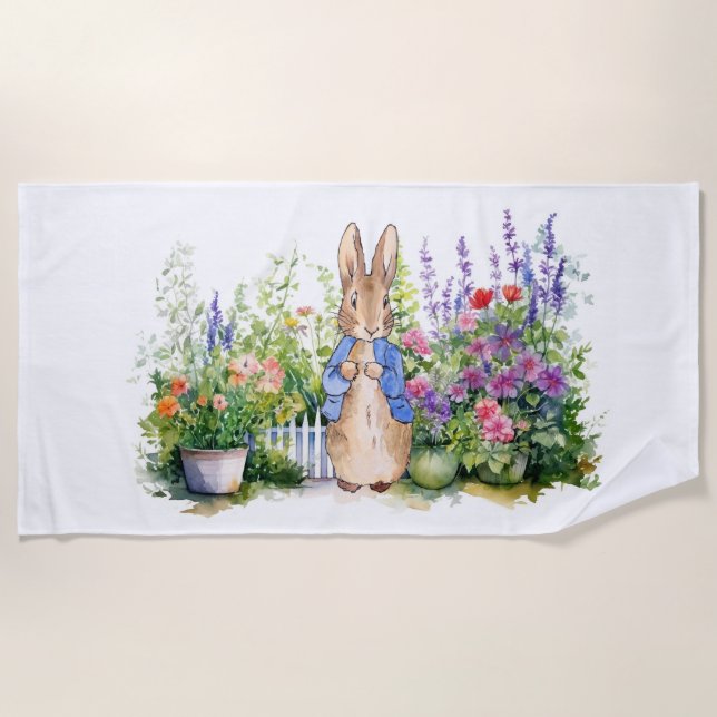 Peter the rabbit in his flower garden beach towel (Front)