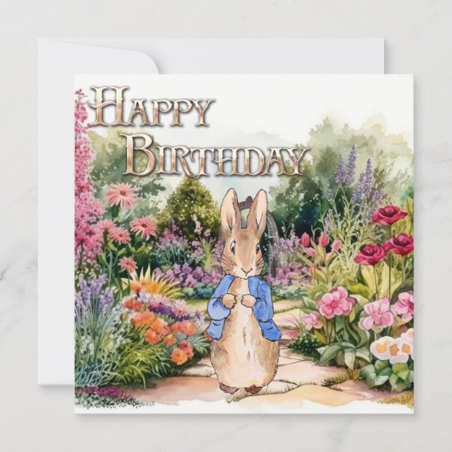 Peter the Rabbit in his garden Happy Birthday Card (Front)