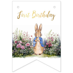 Peter the Rabbit in his garden No 2 First Birthday Bunting Flags