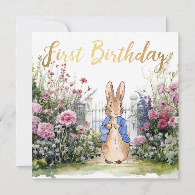 Peter the Rabbit in his garden No 2 First Birthday Card (Front)