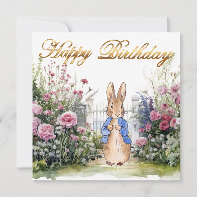 Peter the Rabbit in his garden No 2 Happy Birthday Card (Front)