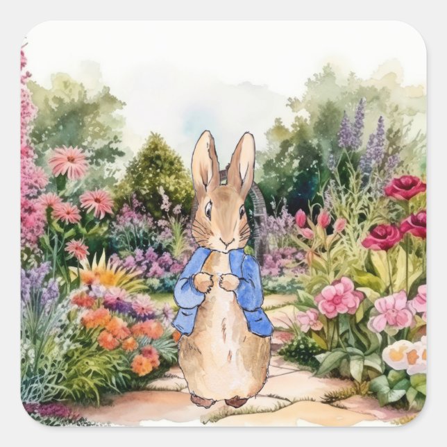 Peter the Rabbit in his garden Square Sticker (Front)