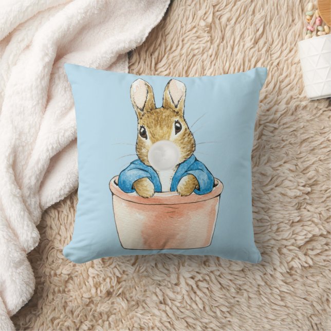 Peter the Rabbit in Pot White Bubble gum Throw Pillow (Blanket)