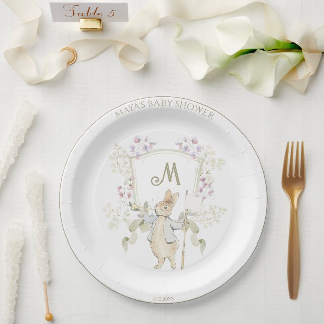 Peter the Rabbit Monogram Crest Gender Baby Shower Paper Plate (Wedding)