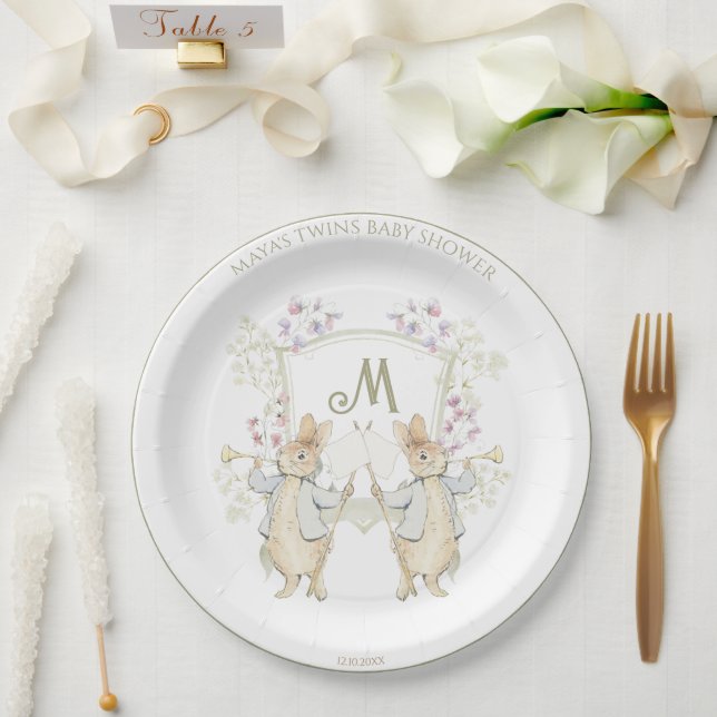 Peter the Rabbit Monogram Gender Twins Baby Shower Paper Plate (Wedding)