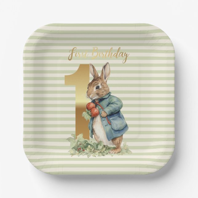 Peter the Rabbit picking vegetables First Birthday Paper Plate (Front)