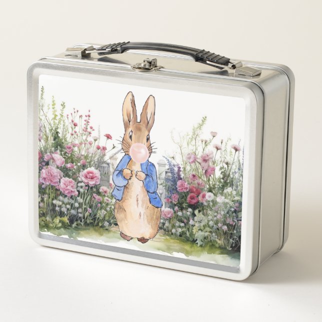 Peter the Rabbit pink gum in his garden Metal Lunch Box (Front)