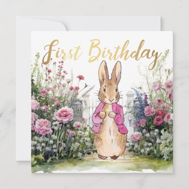 Peter the Rabbit Pink Jacket in his garden  Card (Front)