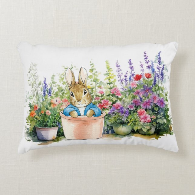 Peter the rabbit sitting in a pot accent pillow (Front)