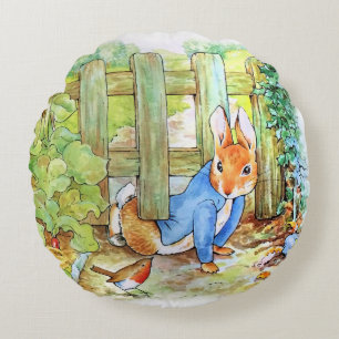 Peter the Rabbit Sneaking into Mc Gregor's garden Round Pillow