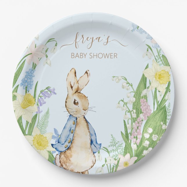 Peter the Rabbit Spring Blooms Blue Baby Shower Paper Plate (Front)