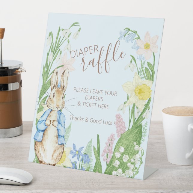 Peter the Rabbit Spring Blooms Blue Baby Shower Pedestal Sign (In SItu)