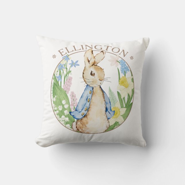 Peter the Rabbit Spring Blooms Blue Baby Shower Throw Pillow (Front)