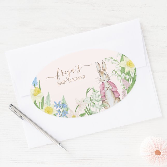 Peter the Rabbit Spring Blooms Pink Baby Shower Oval Sticker (Envelope)