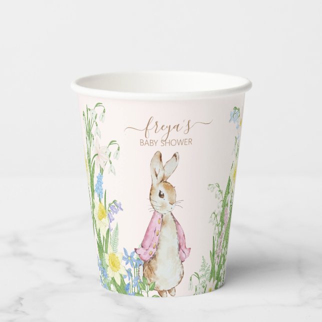 Peter the Rabbit Spring Blooms Pink Baby Shower Paper Cups (Back)