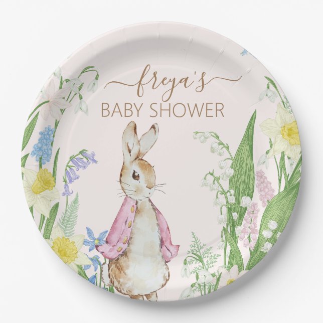 Peter the Rabbit Spring Blooms Pink Baby Shower Paper Plate (Front)