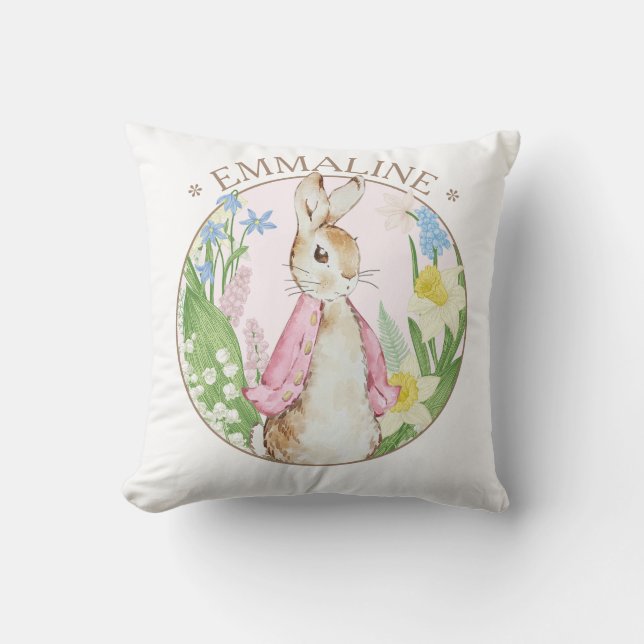 Peter the Rabbit Spring Blooms Pink Baby Shower Throw Pillow (Front)