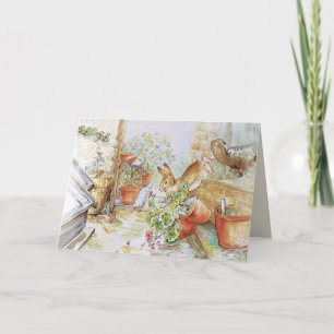 Peter the rabbit tumbling in garden shed card