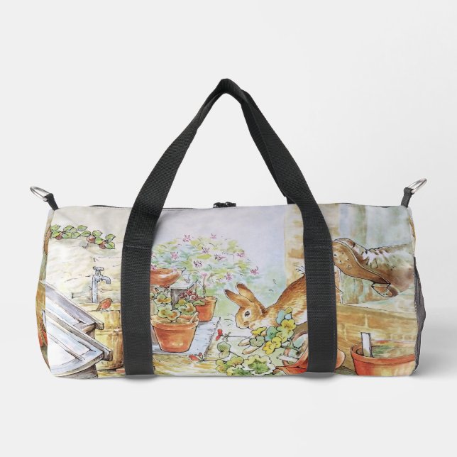 Peter the rabbit tumbling in garden shed 	 duffle bag (Front)