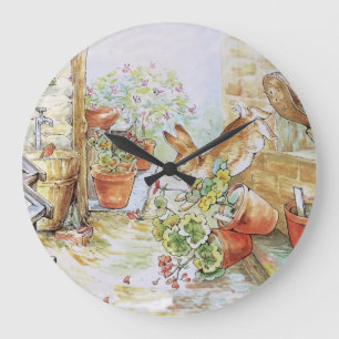 Peter the rabbit tumbling in garden shed 	 large clock